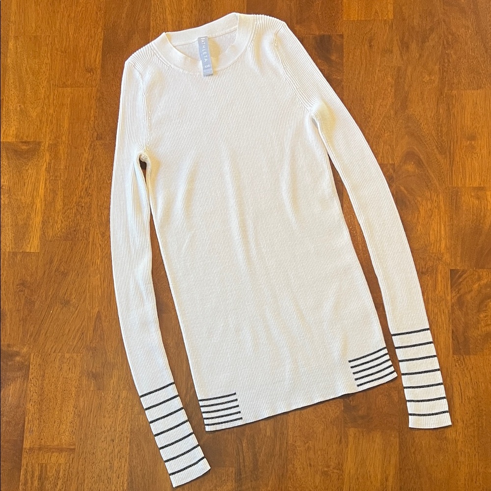 Athleta White and Black Striped Crewneck Sweater
